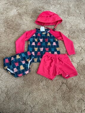 2/$40 Perlim Pinpin Kids 3-Piece Rash Guard Swim Set - Pink & Navy Frog Print